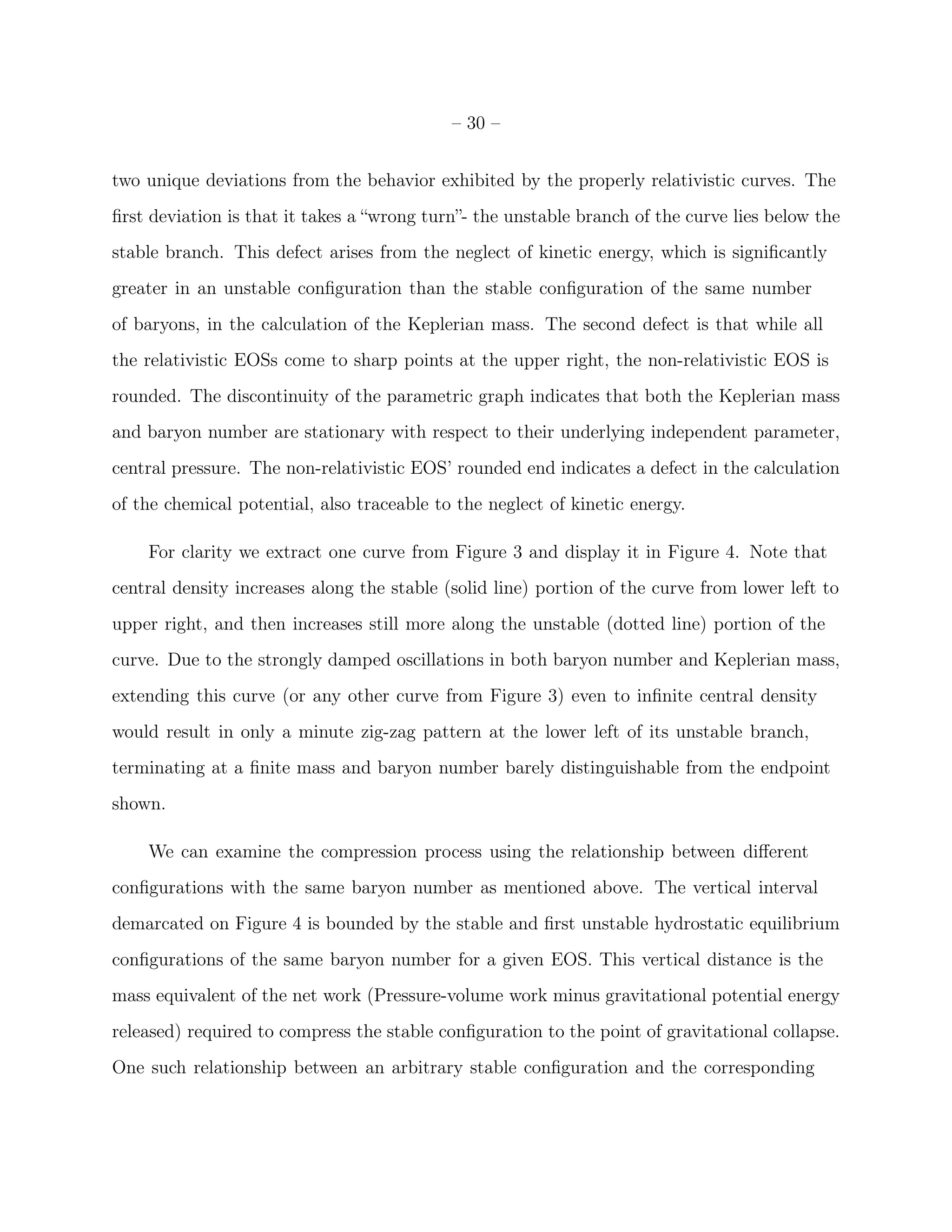 – 30 –


two unique deviations from the behavior exhibited by the properly relativistic curves. The
ﬁrst deviation is that it takes a “wrong turn”- the unstable branch of the curve lies below the
stable branch. This defect arises from the neglect of kinetic energy, which is signiﬁcantly
greater in an unstable conﬁguration than the stable conﬁguration of the same number
of baryons, in the calculation of the Keplerian mass. The second defect is that while all
the relativistic EOSs come to sharp points at the upper right, the non-relativistic EOS is
rounded. The discontinuity of the parametric graph indicates that both the Keplerian mass
and baryon number are stationary with respect to their underlying independent parameter,
central pressure. The non-relativistic EOS’ rounded end indicates a defect in the calculation
of the chemical potential, also traceable to the neglect of kinetic energy.

    For clarity we extract one curve from Figure 3 and display it in Figure 4. Note that
central density increases along the stable (solid line) portion of the curve from lower left to
upper right, and then increases still more along the unstable (dotted line) portion of the
curve. Due to the strongly damped oscillations in both baryon number and Keplerian mass,
extending this curve (or any other curve from Figure 3) even to inﬁnite central density
would result in only a minute zig-zag pattern at the lower left of its unstable branch,
terminating at a ﬁnite mass and baryon number barely distinguishable from the endpoint
shown.

    We can examine the compression process using the relationship between diﬀerent
conﬁgurations with the same baryon number as mentioned above. The vertical interval
demarcated on Figure 4 is bounded by the stable and ﬁrst unstable hydrostatic equilibrium
conﬁgurations of the same baryon number for a given EOS. This vertical distance is the
mass equivalent of the net work (Pressure-volume work minus gravitational potential energy
released) required to compress the stable conﬁguration to the point of gravitational collapse.
One such relationship between an arbitrary stable conﬁguration and the corresponding
 