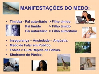 MANIFESTAÇÕES DO MEDO:

• Timidez - Pai autoritário > Filho tímido
            Pai tímido      > Filho tímido
            Pai autoritário > Filho autoritário

•   Insegurança – Ansiedade – Angústia.
•   Medo de Falar em Público.
•   Fobias > Cura Rápida de Fobias.
•   Síndrome do Pânico.
 