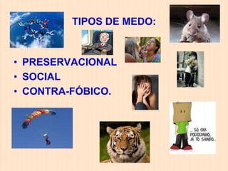 TIPOS DE MEDO:



• PRESERVACIONAL
• SOCIAL
• CONTRA-FÓBICO.
 