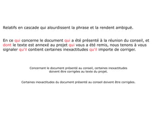 Relatifs en cascade qui alourdissent la phrase et la rendent ambiguë.


En ce qui concerne le document qui a été présenté à la réunion du conseil, et
dont le texte est annexé au projet qui vous a été remis, nous tenons à vous
signaler qu'il contient certaines inexactitudes qu'il importe de corriger.



              Concernant le document présenté au conseil, certaines inexactitudes
                           doivent être corrigées au texte du projet.


         Certaines inexactitudes du document présenté au conseil doivent être corrigées.
 