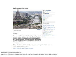 Exemple de curation chez lapresse.ca:

http://www.cyberpresse.ca/debats/ailleurs-sur-le-web/201112/29/01-4481575-la-france-en-burn-out.php
 