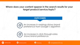 #amecsummit Amecorg amecglobalsummit.org
Where does your content appear in the search results for your
target product/service/topic?
@AlexJuddz
OUTCOMES
An increase in rankings shows brand
preference from Google’s algorithm
An increase in click-through-rates
shows brand preference
 