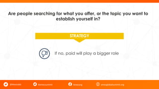 #amecsummit Amecorg amecglobalsummit.org
If no, paid will play a bigger role
Are people searching for what you offer, or the topic you want to
establish yourself in?
@AlexJuddz
STRATEGY
 