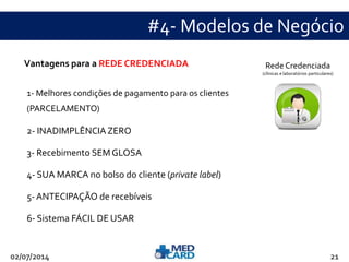 #4- Modelos de Negócio 
Vantagens para a REDE CREDENCIADA Rede Credenciada 
(clínicas e laboratórios particulares) 
1- Melhores condições de pagamento para os clientes 
(PARCELAMENTO) 
2- INADIMPLÊNCIA ZERO 
3- Recebimento SEM GLOSA 
4- SUA MARCA no bolso do cliente (private label) 
5- ANTECIPAÇÃO de recebíveis 
6- Sistema FÁCIL DE USAR 
02/07/2014 21 
 