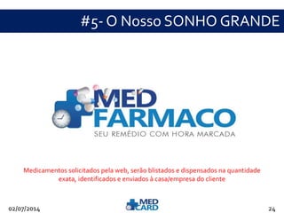#5- O Nosso SONHO GRANDE 
Medicamentos solicitados pela web, serão blistados e dispensados na quantidade 
exata, identificados e enviados à casa/empresa do cliente 
02/07/2014 24 
 