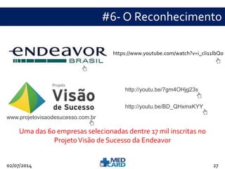 #6- O Reconhecimento 
https://www.youtube.com/watch?v=i_cli11lbQo 
http://youtu.be/7gm4OHjg23s 
http://youtu.be/BD_QHxmxKYY 
www.projetovisaodesucesso.com.br 
Uma das 60 empresas selecionadas dentre 17 mil inscritas no 
Projeto Visão de Sucesso da Endeavor 
02/07/2014 27 
 