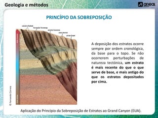 Geologia e métodos
PRINCÍPIO DA SOBREPOSIÇÃO
Aplicação do Princípio da Sobreposição de Estratos ao Grand Canyon (EUA).
©
Fernando
Correia
A deposição dos estratos ocorre
sempre por ordem cronológica,
da base para o topo. Se não
ocorrerem perturbações de
natureza tectónica, um estrato
é mais recente do que o que
serve de base, e mais antigo do
que os estratos depositados
por cima.
 