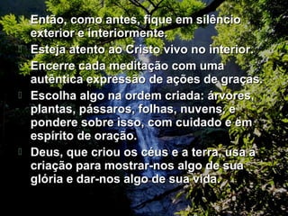 Então, como antes, fique em silêncioEntão, como antes, fique em silêncio
exterior e interiormente.exterior e interiormente.
 Esteja atento ao Cristo vivo no interior.Esteja atento ao Cristo vivo no interior.
 Encerre cada meditação com umaEncerre cada meditação com uma
autêntica expressão de ações de graças.autêntica expressão de ações de graças.
 Escolha algo na ordem criada: árvores,Escolha algo na ordem criada: árvores,
plantas, pássaros, folhas, nuvens, eplantas, pássaros, folhas, nuvens, e
pondere sobre isso, com cuidado e empondere sobre isso, com cuidado e em
espírito de oração.espírito de oração.
 Deus, que criou os céus e a terra, usa aDeus, que criou os céus e a terra, usa a
criação para mostrar-nos algo de suacriação para mostrar-nos algo de sua
glória e dar-nos algo de sua vida.glória e dar-nos algo de sua vida.
 
