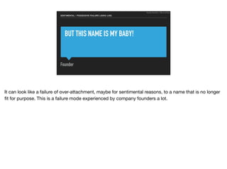 BUT THIS NAME IS MY BABY!
Founder
SENTIMENTAL / POSSESSIVE FAILURE LOOKS LIKE:
Ruthie BenDor / @unruthless
It can look like a failure of over-attachment, maybe for sentimental reasons, to a name that is no longer
ﬁt for purpose. This is a failure mode experienced by company founders a lot.
 