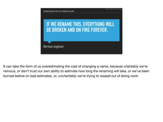 IF WE RENAME THIS, EVERYTHING WILL
BE BROKEN AND ON FIRE FOREVER.
Nervous engineer
OVERESTIMATE COST OF CHANGE FAILURE:
Ruthie BenDor / @unruthless
It can take the form of us overestimating the cost of changing a name, because charitably we’re
nervous, or don’t trust our own ability to estimate how long the renaming will take, or we’ve been
burned before on bad estimates, or, uncharitably we’re trying to weasel out of doing work.
 