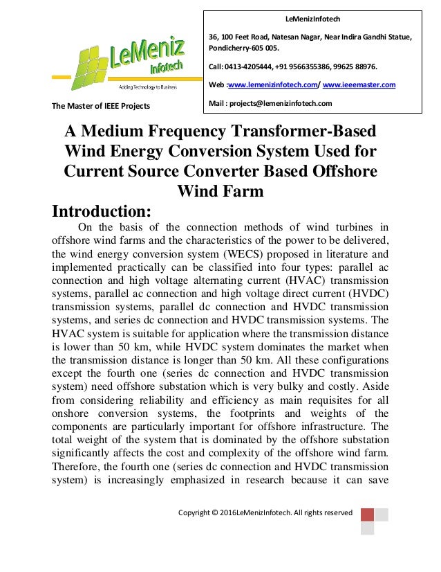 A medium frequency transformer based wind energy conversion system used
