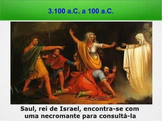3.100 a.C. a 100 a.C.
1Sm 16,14-23: “O espírito de Iahweh tinha se
retirado de Saul, e um mau espírito, procedente
de Iahweh, lhe causava terror. Então os servos
de Saul lhe disseram: '[…] Mande nosso senhor,
e os servos que te assistem irão buscar um
homem que saiba dedilhar a lira e, quando o
mau espírito da parte de Deus te atormentar,
ele tocará e tu te sentirás melhor.' Então Saul
disse […]: 'Procurai, pois um homem que toque
bem e trazei-mo'. […] 'Tenho visto um filho de
Jessé, o belemita, que sabe tocar […] e Iahweh
está com ele'. […] Davi tomava a lira e tocava;
então Saul se acalmava, sentia-se melhor e o
mau espírito o deixava.” (Bíblia de Jerusalém)
 