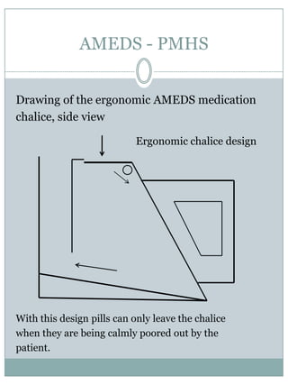 With the holes at bothsends of the segments the strip segment canbecaughtby the catchingmechanism of the dispenser unit to renderforwardmovement of the strip.AMEDS - PMHSThe width of a medicationcartridge is appr. 2-2.5 cm.A maximum of 20 cartridges canbeattached to one dispenser unit, whichmakes the maximum totalwidth of a dispenser unit ca. 40-50 cm.Eachcartridge has a maximuncapacity of of 200 pills in onepill strip.All medicines on a localmarket are beinggiven a unique code representing the generic name and strength of the medicine.