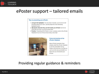 LEARNING
TOOLBOX
Learning
Toolbox
my.ltb.io
ePoster support – tailored emails
Providing regular guidance & reminders
 