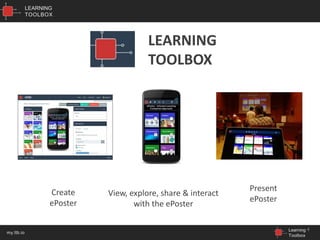 LEARNING
TOOLBOX
Learning
Toolbox
my.ltb.io
4
LEARNING
TOOLBOX
Create
ePoster
View, explore, share & interact
with the ePoster
Present
ePoster
 