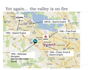 Yet again… the valley is on fire
1994 – Netscape
Navigator
Internet Information
Server
1995 – Search Engine
1996 – Free Email
1995 – Portal, Email &
Search Engine
1997/8 – Search Engine
 