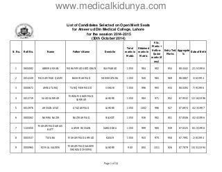 www.medicalkidunya.com 
List of Candidates Selected on Open Merit Seats 
for Ameer ud Din Medical College, Lahore 
for the session 2014-2015 
(30th October 2014) 
Sr. No. Roll No. Name Father's Name Domicile 
Total 
marks in 
Matric 
Obtained 
marks in 
Matric 
F.Sc. 
Marks + 
Hafiz-e- 
Quran 
marks (if 
any) 
Entry Test 
Marks 
Aggregate 
% 
Date of Birth 
1 0604082 ABEERA KHAN MUHAMMAD ABID KHAN ISLAMABAD 1050 984 982 954 88.4442 2/15/1996 
2 0014349 MUHAMMAD QASIM BASHIR AHMAD SHEIKHUPURA 1050 940 965 969 88.0887 3/6/1994 
3 0000672 AMNA TARIQ TARIQ MEHMOOD VEHARI 1050 996 993 934 88.0494 7/9/1996 
4 0013739 SAAD SARWAR 
MIRZA MUHAMMAD 
SARWAR 
LAHORE 1050 984 971 952 87.9532 12/16/1996 
5 0013976 AHSSAN AYAZ AYAZ AHMAD LAHORE 1050 1002 996 927 87.8974 4/23/1997 
6 0800062 NAMRA NAZIR NAZIR AHMAD SIALKOT 1050 936 982 951 87.8506 4/24/1996 
7 1103050 
MUHAMMAD AWAIS 
BUTT 
AAMIR HUSSAIN SARGODHA 1050 999 980 939 87.8325 8/10/1996 
8 0003537 TAYABA MUHAMMAD AHMAD KASUR 1050 943 970 958 87.7991 2/8/1994 
9 0000965 KOMAL SALEEM 
MUHAMMAD SALEEM 
SHAHZAD CHEEMA 
LAHORE 900 804 1011 926 87.7879 10/31/1994 
Page 1 of 10 
 