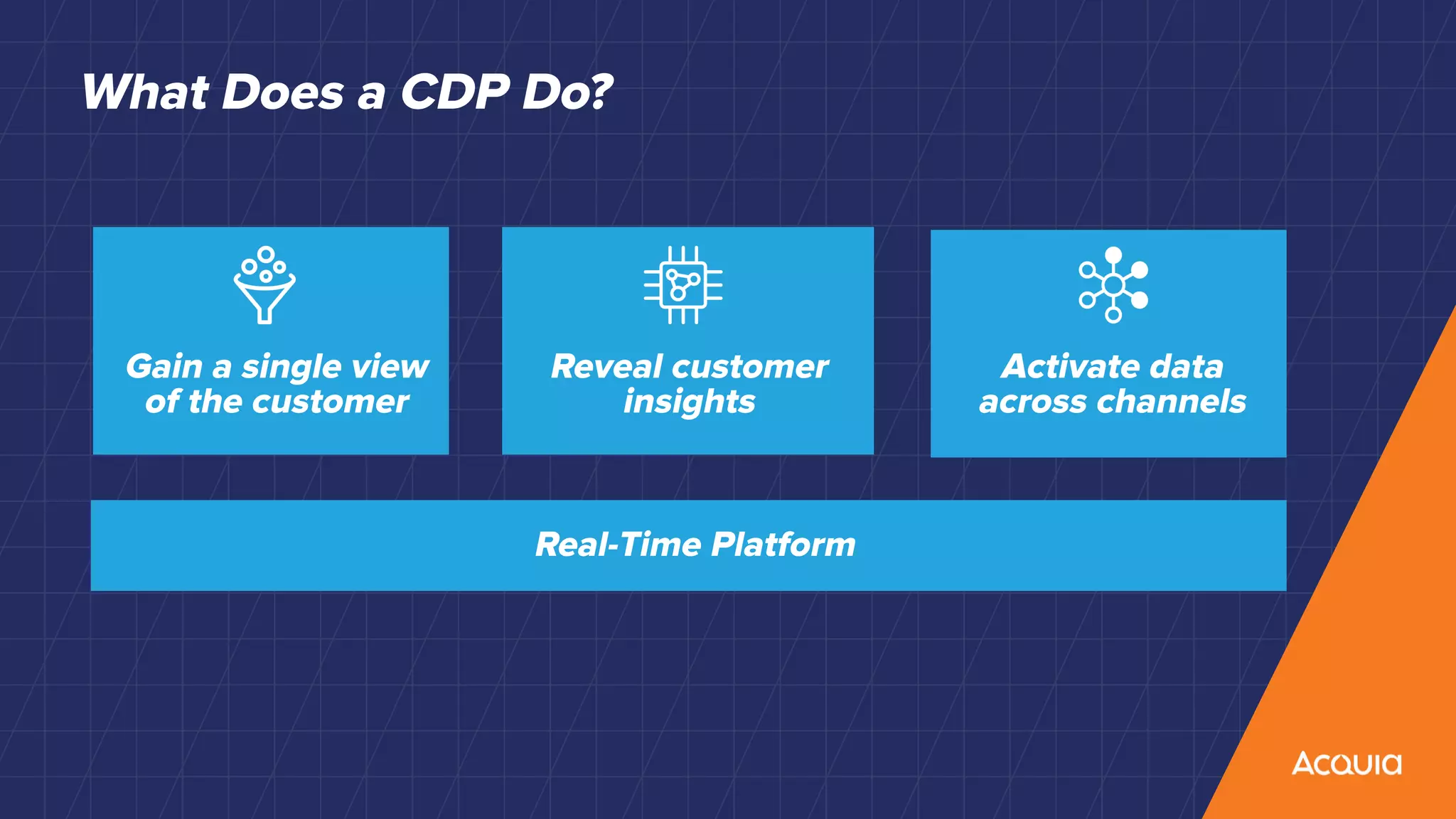 What Does a CDP Do?
Gain a single view
of the customer
Reveal customer
insights
Activate data
across channels
Real-Time Platform
 