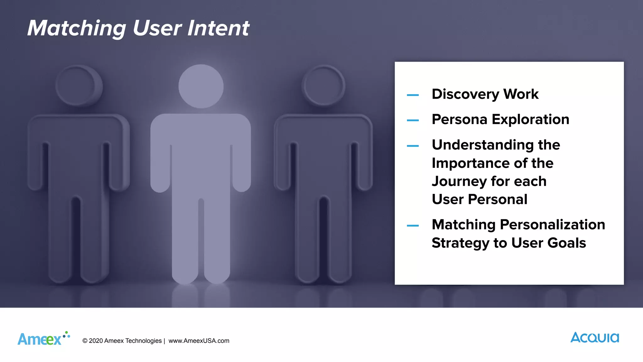 © 2020 Ameex Technologies | www.AmeexUSA.com
Matching User Intent
— Discovery Work
— Persona Exploration
— Understanding the
Importance of the
Journey for each
User Personal
— Matching Personalization
Strategy to User Goals
 