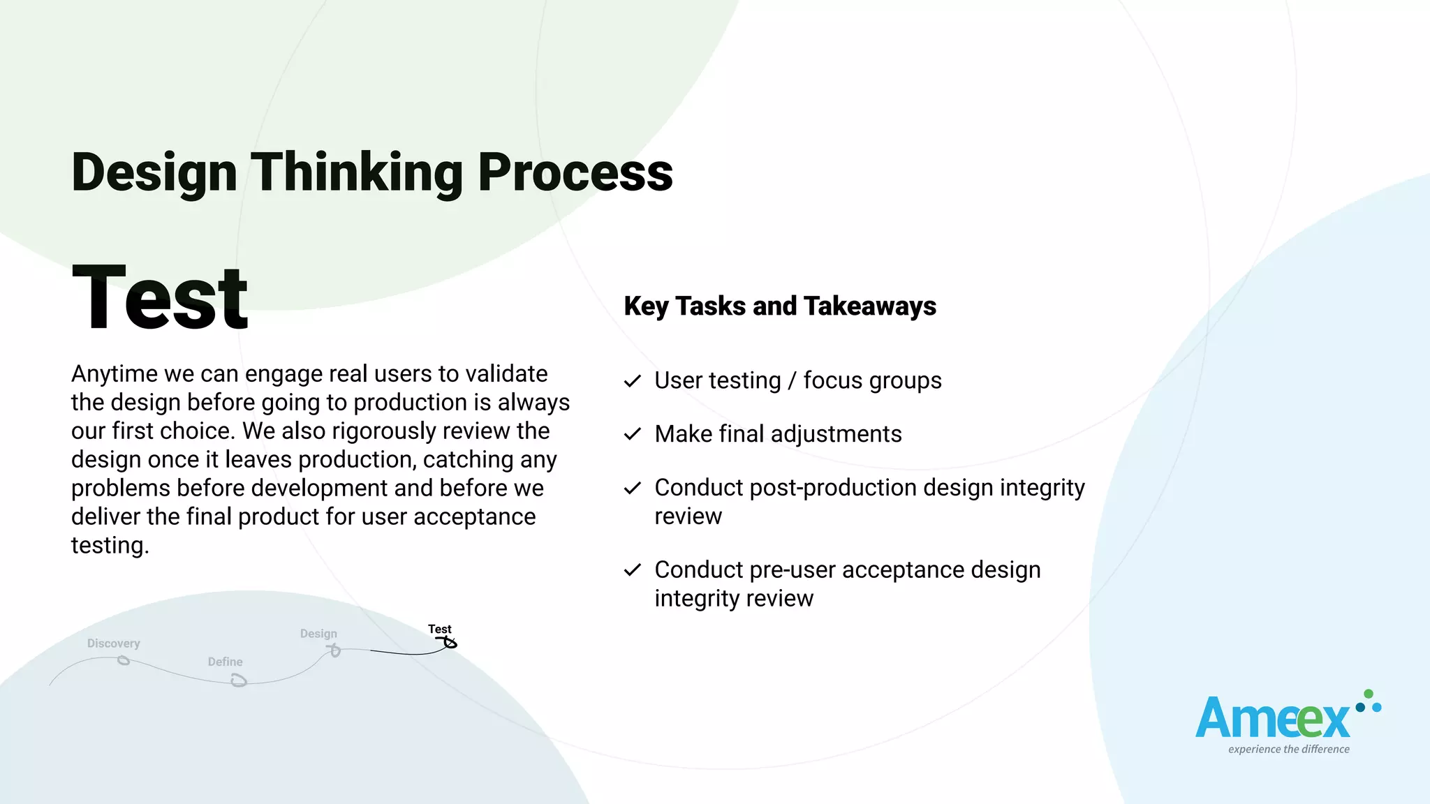 Test
Anytime we can engage real users to validate
the design before going to production is always
our first choice. We also rigorously review the
design once it leaves production, catching any
problems before development and before we
deliver the final product for user acceptance
testing.
Design Thinking Process
Discovery
Define
Design Test
Key Tasks and Takeaways
User testing / focus groups
Make final adjustments
Conduct post-production design integrity
review
Conduct pre-user acceptance design
integrity review
 