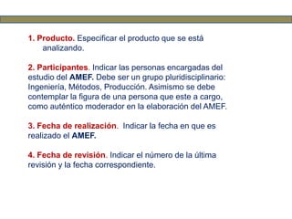 1. Producto. Especificar el producto que se está
analizando.
2. Participantes. Indicar las personas encargadas del
estudio del AMEF. Debe ser un grupo pluridisciplinario:
Ingeniería, Métodos, Producción. Asimismo se debe
contemplar la figura de una persona que este a cargo,
como auténtico moderador en la elaboración del AMEF.
3. Fecha de realización. Indicar la fecha en que es
realizado el AMEF.
4. Fecha de revisión. Indicar el número de la última
revisión y la fecha correspondiente.
 