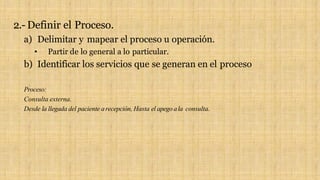 2.- Definir el Proceso.
a) Delimitar y mapear el proceso u operación.
• Partir de lo general a lo particular.
b) Identificar los servicios que se generan en el proceso
Proceso:
Consulta externa.
Desde la llegada del paciente arecepción, Hasta el apego ala consulta.
 