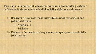 Para cada falla potencial, encontrar las causas potenciales y estimar
la frecuencia de ocurrencia de dichas fallas debido a cada causa.
a) Realizar un listado de todas las posibles causas para cada modo
potencial de falla.
– 5 por que´s
– Ishikawa
b) Evaluar la frecuencia con la que se espera que aparezca cada falla
(Ocurrencia)
 
