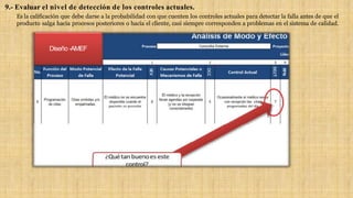 9.- Evaluar el nivel de detección de los controles actuales.
Es la calificación que debe darse a la probabilidad con que cuenten los controles actuales para detectar la falla antes de que el
producto salga hacia procesos posteriores o hacia el cliente, casi siempre corresponden a problemas en el sistema de calidad.
Diseño -AMEF
 