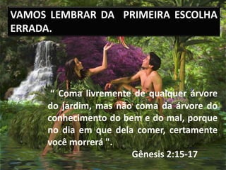 “ Coma livremente de qualquer árvore
do jardim, mas não coma da árvore do
conhecimento do bem e do mal, porque
no dia em que dela comer, certamente
você morrerá ".
Gênesis 2:15-17
VAMOS LEMBRAR DA PRIMEIRA ESCOLHA
ERRADA.
 