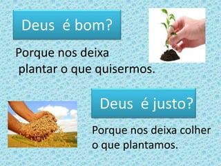 Deus é bom?
Porque nos deixa
plantar o que quisermos.
Deus é justo?
Porque nos deixa colher
o que plantamos.
 