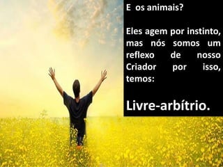 E os animais?
Eles agem por instinto,
mas nós somos um
reflexo de nosso
Criador por isso,
temos:
Livre-arbítrio.
 