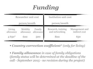 Funding
§ Country correction coefficient* (only for living)
§ Family allowance in case of family obligations
(family status will be determined at the deadline of the
call - September 2015 - no revision during the project)
Researcher unit cost
person/month
Institution unit cost
person/month
Living
allowance
Mobility
allowance
Family
allowance
Research, training
and networking
Management and
indirect cost
4 650* 600 500 800 650
 