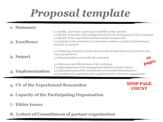 Proposal template
1.  Summary
2.  Excellence
3.  Impact
4.  Implementation
2.1 Quality, innovative aspects and credibility of the research
2.2 Quality of transfer of knowledge/training for the development of the researcher
2.3 Quality of the supervision and the hosting arrangements
2.4 Capacity of the researcher to reach and re-enforce a position of professional
maturity in research
3.1 Enhancing research to realise the potential of individuals and to provide new
career perspectives
3.2 Communication and results dissemination
4.1 Coherence and effectiveness of the work plan
4.2 Appropriateness of the management structure and procedures
4.3 Appropriateness of the institutional environment (infrastructure)
4.4 Competences, experience and complementarity of the host organisations
10
pages
5.  CV of the Experienced Researcher
6.  Capacity of the Participating Organisation
7.  Ethics Issues
8. Letters of Commitment of partner organisation
STOP PAGE
COUNT
 