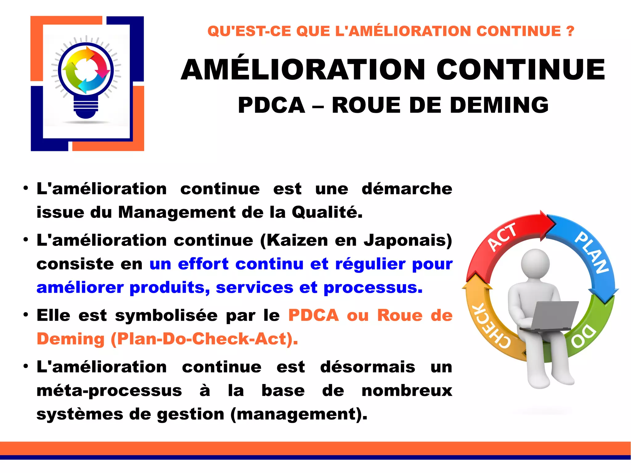 AMÉLIORATION CONTINUE
PDCA – ROUE DE DEMING
●
L'amélioration continue est une démarche
issue du Management de la Qualité.
●
L'amélioration continue (Kaizen en Japonais)
consiste en un effort continu et régulier pour
améliorer produits, services et processus.
●
Elle est symbolisée par le PDCA ou Roue de
Deming (Plan-Do-Check-Act).
●
L'amélioration continue est désormais un
méta-processus à la base de nombreux
systèmes de gestion (management).
QU'EST-CE QUE L'AMÉLIORATION CONTINUE ?
 
