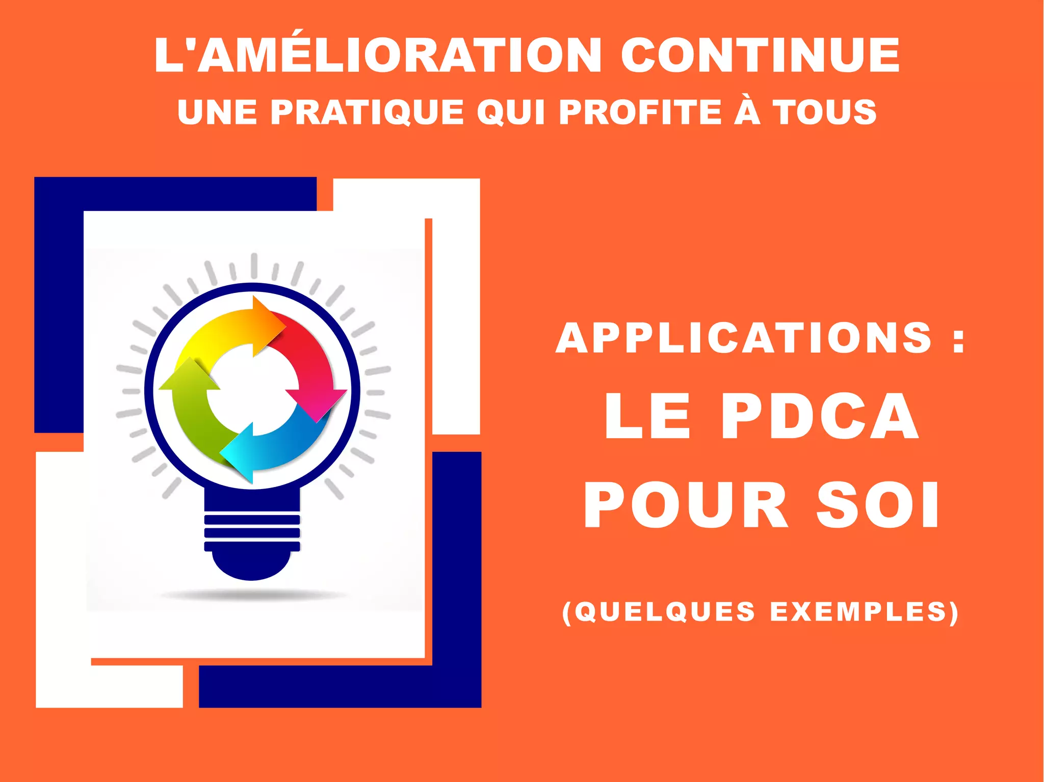 APPLICATIONS :
LE PDCA
POUR SOI
L'AMÉLIORATION CONTINUE
UNE PRATIQUE QUI PROFITE À TOUS
(QUELQUES EXEMPLES)
 