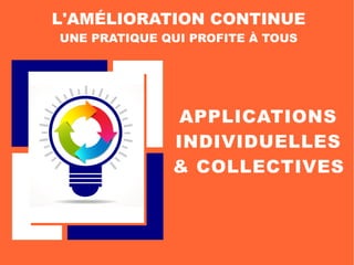 APPLICATIONS
INDIVIDUELLES
& COLLECTIVES
L'AMÉLIORATION CONTINUE
UNE PRATIQUE QUI PROFITE À TOUS
 