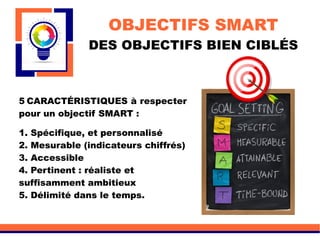 OBJECTIFS SMART
DES OBJECTIFS BIEN CIBLÉS
5 CARACTÉRISTIQUES à respecter
pour un objectif SMART :
1. Spécifique, et personnalisé
2. Mesurable (indicateurs chiffrés)
3. Accessible
4. Pertinent : réaliste et
suffisamment ambitieux
5. Délimité dans le temps.
 