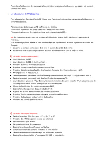 *contrôle refroidissement des passes par alignement des rampes de refroidissement par rapport à la passe et
contrôle débit d’eau.
• Les tubes courbes de RP Tête de Pose :
*Les tubes courbés d’entrée et Sortie RP Tête de pose s’usent par frottement ou manque de refroidissement et
causent des cobbles .
*Un mauvais axe de laminage sur TD ou TI cause des Cobbles.
*un mauvais alignement des guides E et S des 4 RP causent des Cobbles.
*Un mauvais alignement des collecteurs Zone neutre causent des Cobbles
NB : les collecteurs se déforment par mauvais refroidissement à cause de la calamine qui s y’entassent à
l’intérieur.
*Les insert des goulottes de BAE et Zone neutre s’usent par frottementou mauvais alignement et causent des
Cobbles .
• Les spires se coincent sur les cones de la cuve et causent des arrêts de la veine.
• Bout arrière étiré tout au long du stelmor et cause le déraillement du cone et arrête la veine
b) Les arrêts mécaniques fréquents :
• Usure des lames de CEC .
• Usure des lames de CED et cisaille verticale .
• Problème du niveau du rouleau extracteur
• Problème d’ouverture et fermeture des portes du four
• Problème d’éclatement des flexibles de séparation d’empoise des cylindres des cages 1 à 15.
• Mélange d’huile et d’eau sur SL2.
• Déclenchement du système de lubrification des guides et empoises des cages 1à 15 (système air huile 5)
• Déclenchement du système air huile 3 de lubrification des guides des TF.
• Usure des tubes spiraux de TP qui donne une mauvais formation des spires en sortie TP ,et qui donne aussi des
cobbles par rupture du produit après passage de quelques spires
• Alarme de lubrification des réducteurs des cages 1à 15
• Déclenchement des pompes d’eau direct et indirect.
• Rupture des chaines d’entrainement des rouleaux du stelmor
• Problème du non engagement des rouleaux de persuation des boucleurs
• Problème du bout avant tordu a l entrée du bouc leur
• Problème des cisailles portatives PETIG
c) Les arrêts électriques fréquents :
• Déclenchement du drive des cages 1à15 et des TP et RP
• Problème des HMD (en panne, ou sale par calamine)
• Perturbation du cycle du four
• Perturbation du cycle de chargement
• Déclenchement des réchauffeurs de fuel du four
• Disfonctionnement des cameras entre four et cuve stelmor
• Déclenchement des moteurs des cages par problème d isolement
• Déclenchement des cisailles d’eboutages CEC -CED et instantanées
 