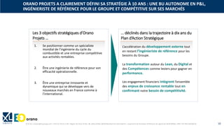 © XL SA | contact@xl-groupe.com | Paris 01 78 16 11 99 | Région 04 76 61 34 40 | 88, Allée Galilée 38330 Montbonnot-Saint-Martin | Organisme de formation (Préfecture de région) 82 38 00 90938 | SIRET 347 945 628 000 50 10
Les 3 objectifs stratégiques d’Orano
Projets …
1. Se positionner comme un spécialiste
mondial de l’ingénierie du cycle du
combustible et une entreprise compétitive
aux activités rentables.
2. Être une ingénierie de référence pour son
efficacité opérationnelle.
3. Être une entreprise innovante et
dynamique qui se développe vers de
nouveaux marchés en France comme à
l’international.
… déclinés dans la trajectoire à dix ans du
Plan d’Action Stratégique
L’accélération du développement externe tout
en restant l’ingénieriste de référence pour les
besoins du Groupe.
La transformation autour du Lean, du Digital et
des Compétences comme leviers pour gagner en
performance.
Les engagement financiers intègrent l’ensemble
des enjeux de croissance rentable tout en
confirmant notre besoin de compétitivité.
ORANO PROJETS A CLAIREMENT DÉFINI SA STRATÉGIE À 10 ANS : UNE BU AUTONOME EN P&L,
INGÉNIERISTE DE RÉFÉRENCE POUR LE GROUPE ET COMPÉTITIVE SUR SES MARCHÉS
 