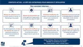© XL SA | contact@xl-groupe.com | Paris 01 78 16 11 99 | Région 04 76 61 34 40 | 88, Allée Galilée 38330 Montbonnot-Saint-Martin | Organisme de formation (Préfecture de région) 82 38 00 90938 | SIRET 347 945 628 000 50 13
CONTEXTE ACTUEL : LE DÉFI DES ENTREPRISES POUR INNOVER ET DÉVELOPPER
Manque de cohérence entre
la vision marché, le terrain, le
Marketing et les projets
Manque de structuration qui
limite agilité de l’organisation
et maîtrise des objectifs SQDC
Animation insuffisante des
projets et du portefeuille pour
assurer suivi, évolution et
priorisation
Reporting lourd qui ne sert pas
le pilotage global et individuel
des projets et des services
contributeurs
Des développements en deçà
des attentes des clients ou
exploitants projet(s) ou
évolution(s) produit(s) et
service(s)
Un alignement insuffisant qui
limite la prise en compte de
l’ensemble des acteurs
intégrés dans le cycle de vie
Manque d'implication des
équipes opérationnelles, des
clients et des partenaires.
Cloisonnement trop marqué
Des délais pas tenus avec des
équipes usées par l’urgence et
le manque de cohérence
qu’elle amène
Des constats internes ...
Piloter, Anticiper, Mesurer, Communiquer …
Identifier et coordonner les acteurs
Pas « Juste Innover » mais « Innover Juste »
 