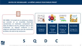 © XL SA | contact@xl-groupe.com | Paris 01 78 16 11 99 | Région 04 76 61 34 40 | 88, Allée Galilée 38330 Montbonnot-Saint-Martin | Organisme de formation (Préfecture de région) 82 38 00 90938 | SIRET 347 945 628 000 50 3
UN PEU DE VOCABULAIRE : LA MÊME LANGUE POUR PARLER PROJET
Des Ressources
Pilotage du
Personnel
Un Budget
Pilotage
de la
Performance
Un Planning
Pilotage de
l’activité
(CT/MT/LT)
Des Activités
Pilotage d’un
Plan d’actions
ISO 10006 | Un projet est un processus unique,
qui consiste en un ensemble d'activités
coordonnées et maîtrisées comportant des
dates de début et de fin, entrepris dans le but
d'atteindre un objectif conforme à des
exigences spécifiques telles que des contraintes
de délais, de coûts et de ressources.
S Q D C
 