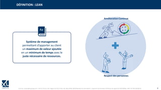 © XL SA | contact@xl-groupe.com | Paris 01 78 16 11 99 | Région 04 76 61 34 40 | 88, Allée Galilée 38330 Montbonnot-Saint-Martin | Organisme de formation (Préfecture de région) 82 38 00 90938 | SIRET 347 945 628 000 50 4
Système de management
permettant d’apporter au client
un maximum de valeur ajoutée
en un minimum de temps avec le
juste nécessaire de ressources.
Aa
DÉFINITION : LEAN
 