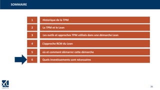 26
1
3
4
5
2
6
Historique de la TPM
La TPM et le Lean
Les outils et approches TPM utilisés dans une démarche Lean
L’approche RCM du Lean
où et comment démarrer cette démarche
Quels investissements sont nécessaires
SOMMAIRE
 