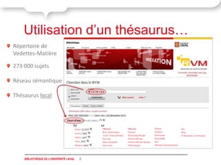 Utilisation d’un thésaurus…
Répertoire de
Vedettes-Matière

273 000 sujets

Réseau sémantique
                                              Rivières
Thésaurus local


                                Cours d’eau




    BIBLIOTHÈQUE DE L'UNIVERSITÉ LAVAL   9
 