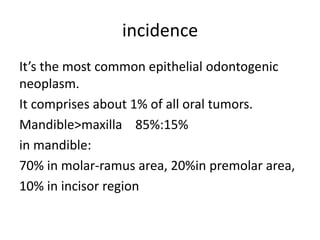 incidence
It’s the most common epithelial odontogenic
neoplasm.
It comprises about 1% of all oral tumors.
Mandible>maxilla 85%:15%
in mandible:
70% in molar-ramus area, 20%in premolar area,
10% in incisor region
 