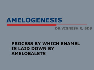 AMELOGENESIS
PROCESS BY WHICH ENAMEL
IS LAID DOWN BY
AMELOBALSTS
DR.VIGNESH R, BDS
 