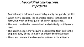 Hypocalcified amelogenesis
imperfecta
• Enamel matrix is formed in normal quantity but poorly calcified.
• When newly erupted, the enamel is normal in thickness and
form, but weak and opaque or chalky in appearance.
• The teeth tend to become stained and relatively rapidly worn
away.
• The upper incisors may acquire a shouldered form due to the
chipping away of the thin, soft enamel of the incisal edge
• There are dominant and recessive patterns of inheritance
 