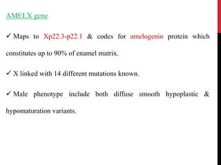 AMELX gene
 Maps to Xp22.3-p22.1 & codes for amelogenin protein which
constitutes up to 90% of enamel matrix.
 X linked with 14 different mutations known.
 Male phenotype include both diffuse smooth hypoplastic &
hypomaturation variants.
 