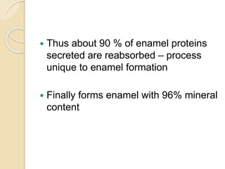  Thus about 90 % of enamel proteins
secreted are reabsorbed – process
unique to enamel formation
 Finally forms enamel with 96% mineral
content
 