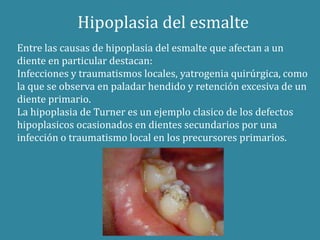 Hipoplasia del esmalte 
Entre las causas de hipoplasia del esmalte que afectan a un 
diente en particular destacan: 
Infecciones y traumatismos locales, yatrogenia quirúrgica, como 
la que se observa en paladar hendido y retención excesiva de un 
diente primario. 
La hipoplasia de Turner es un ejemplo clasico de los defectos 
hipoplasicos ocasionados en dientes secundarios por una 
infección o traumatismo local en los precursores primarios. 
 